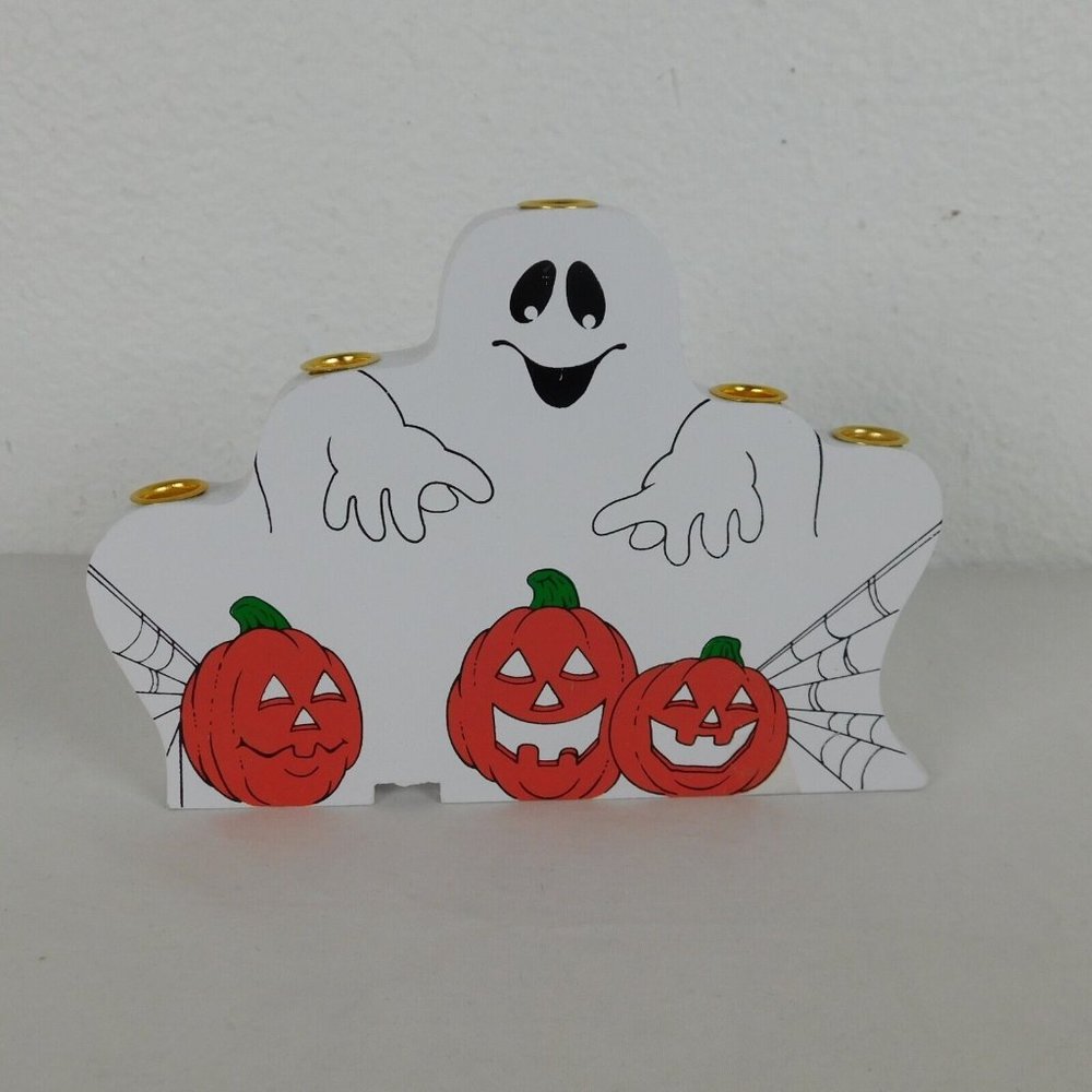 Halloween Ghost Pumpkin Wood 5 Candle Holder Candelabra Current Vintage FLAW